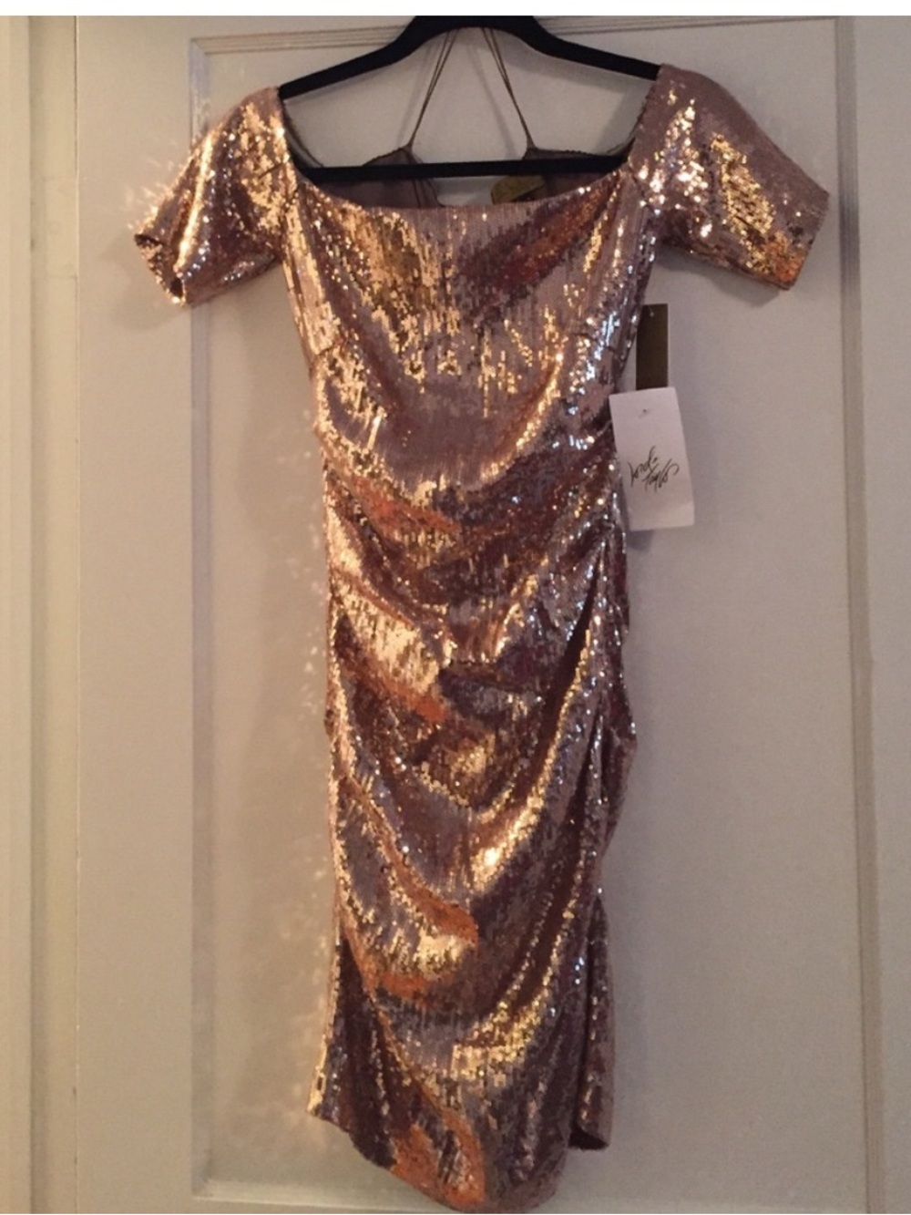 Nicole Miller Rose Gold off the -Shoulder Sequin Dress